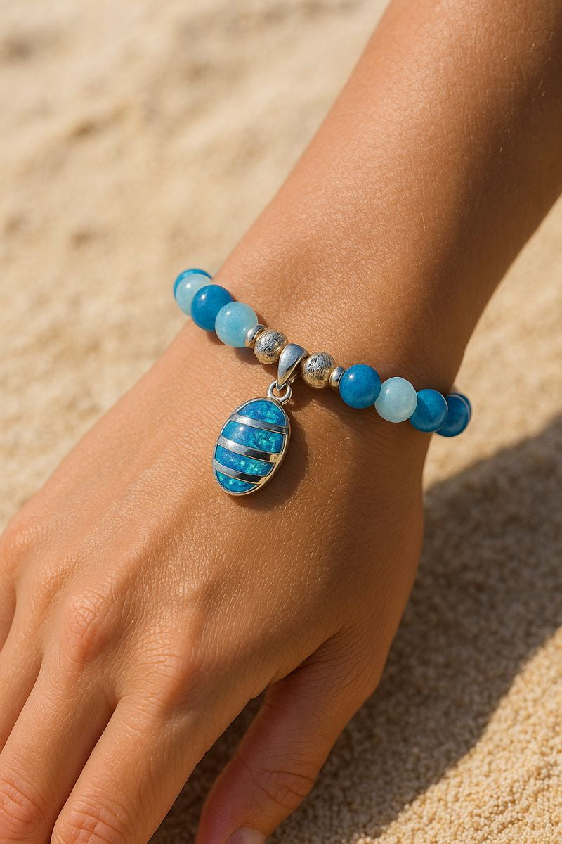 Caribbean Chalcedony, White Quartz & Opal Charm Bracelet