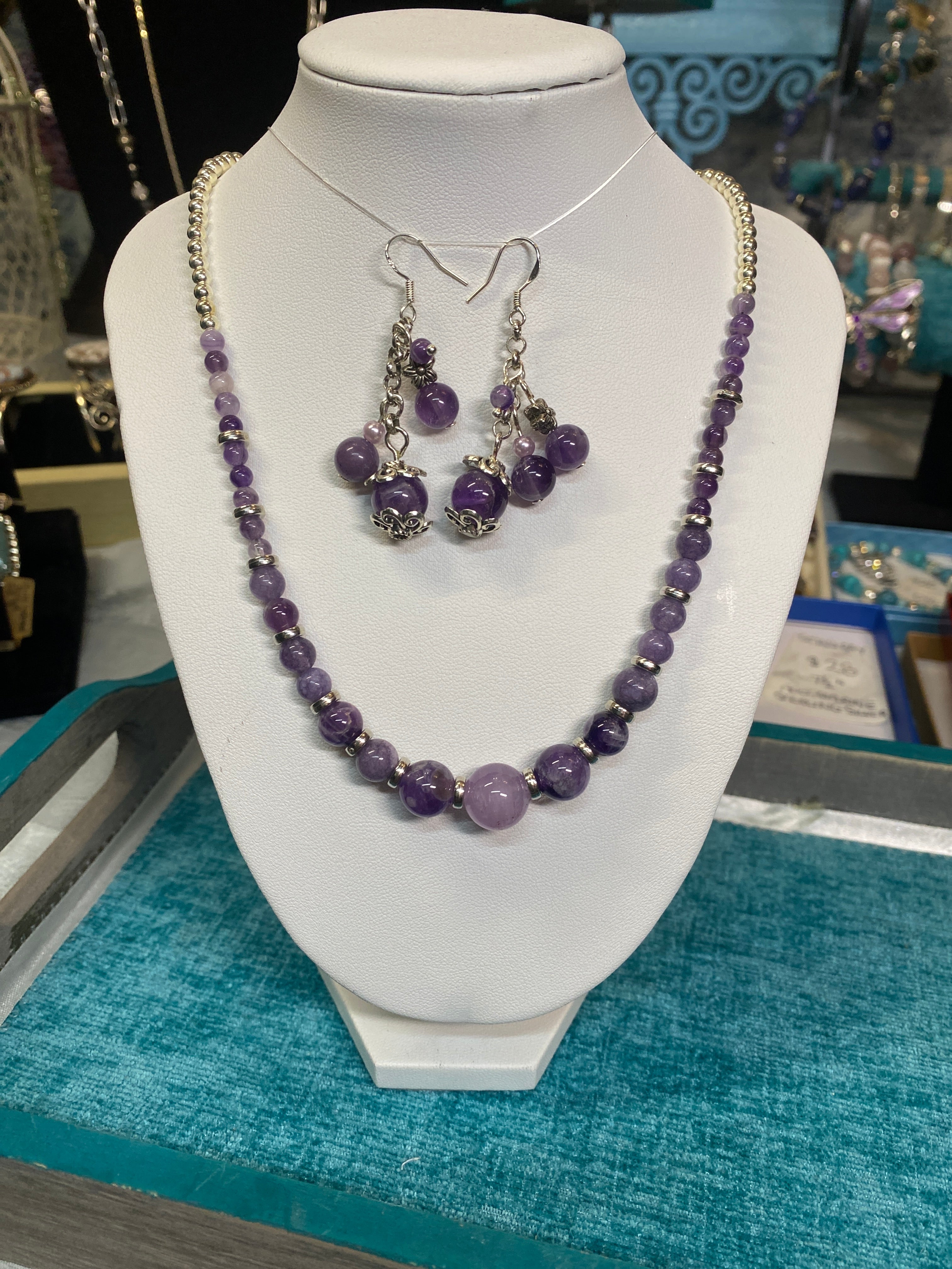 Amethyst bead and sterling necklace earrings set
