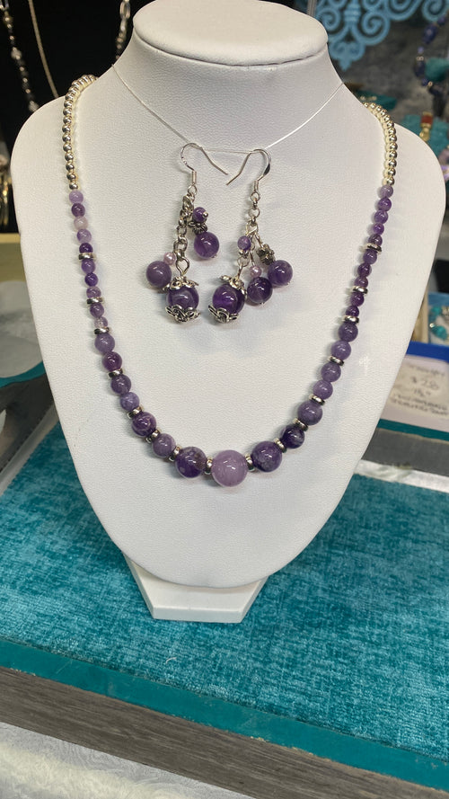Amethyst bead and sterling necklace earrings set