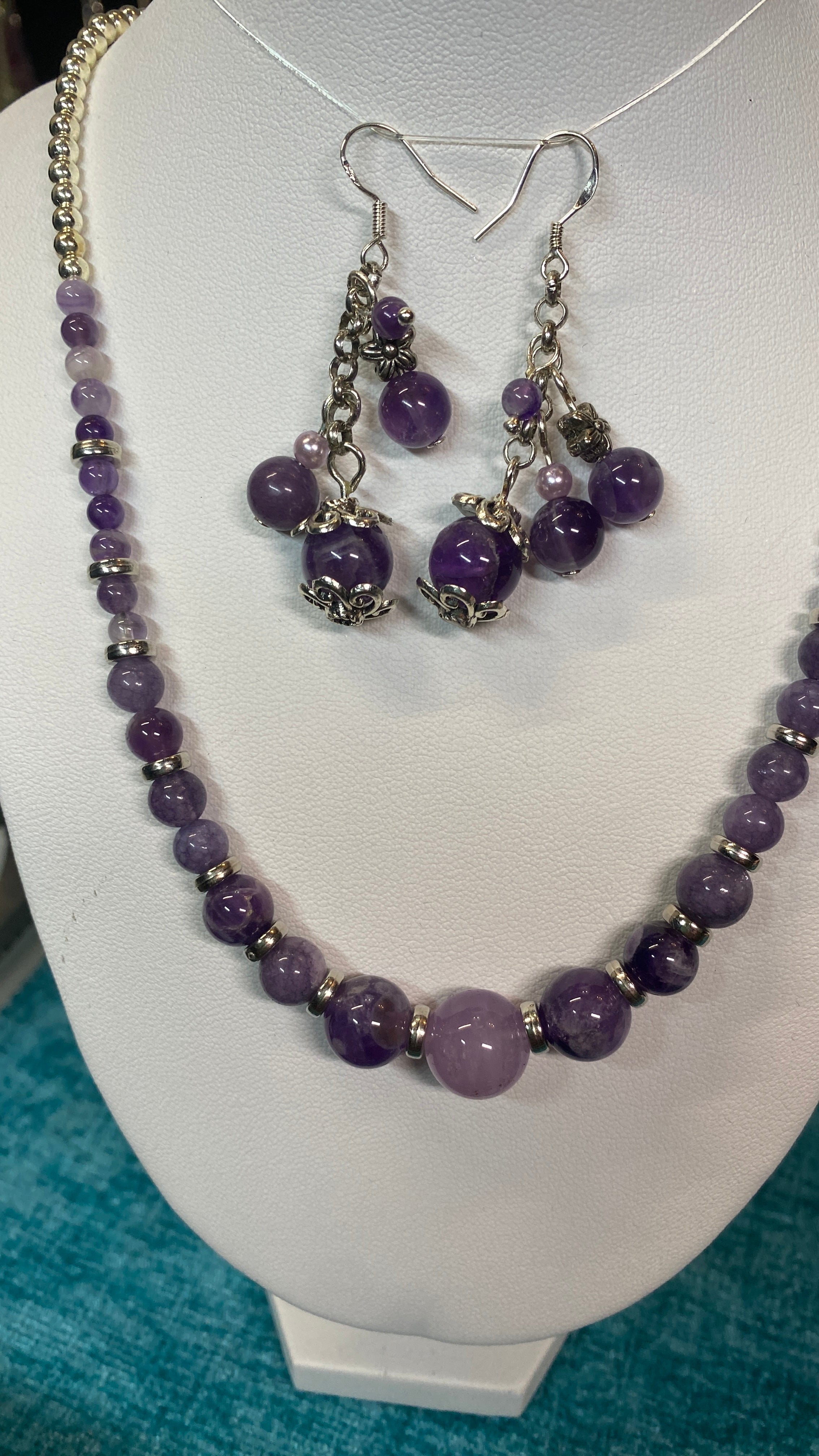 Amethyst bead and sterling necklace earrings set