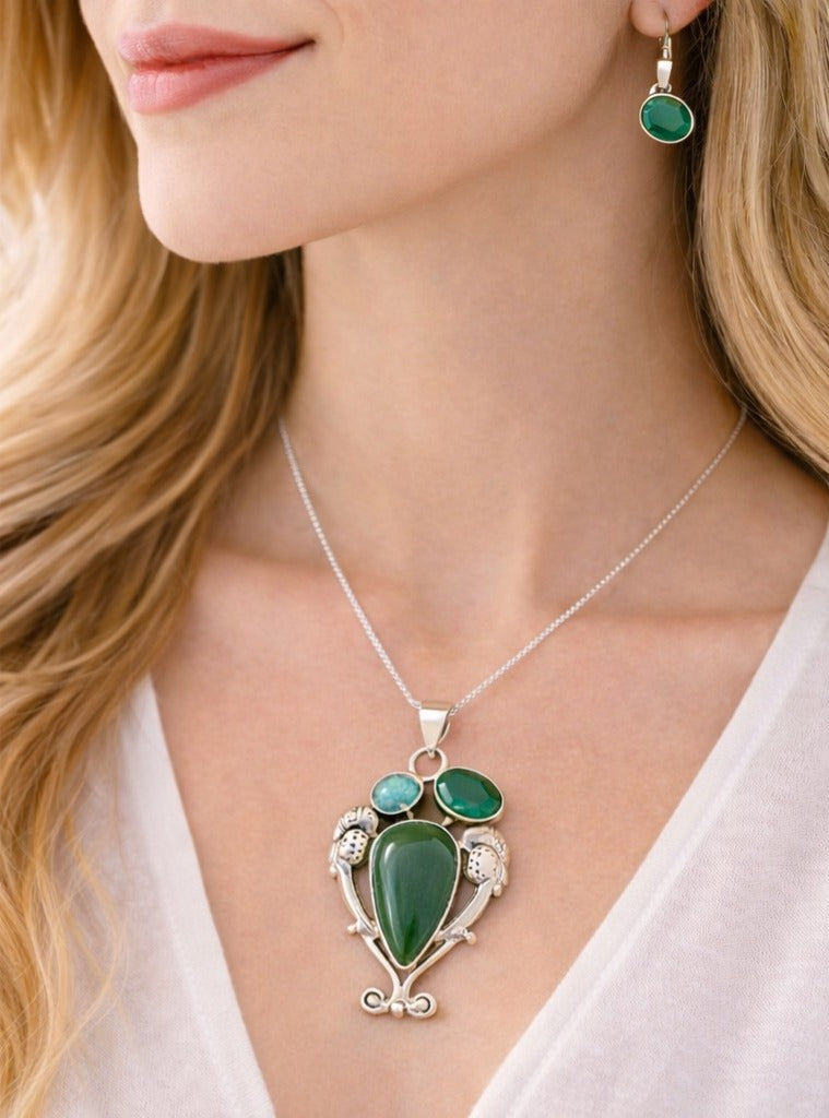 Green Jasper, Jade & Turquoise Pendant – Sterling Silver on 18" Snake Chain