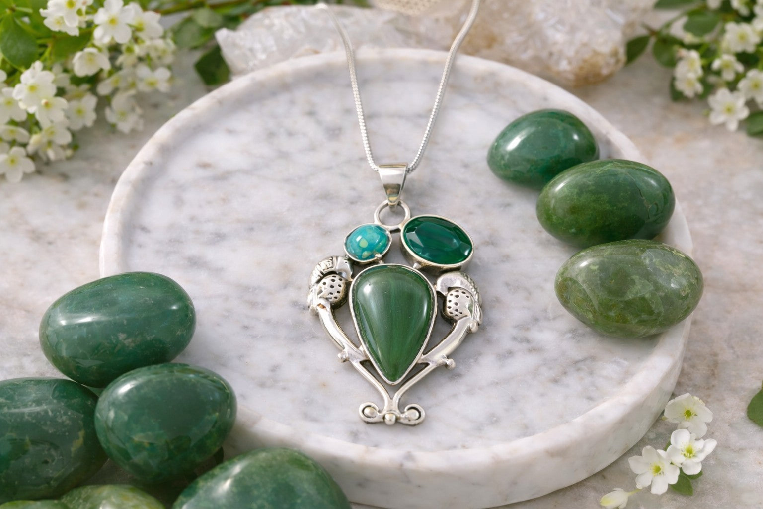 Green Jasper, Jade & Turquoise Pendant – Sterling Silver on 18" Snake Chain