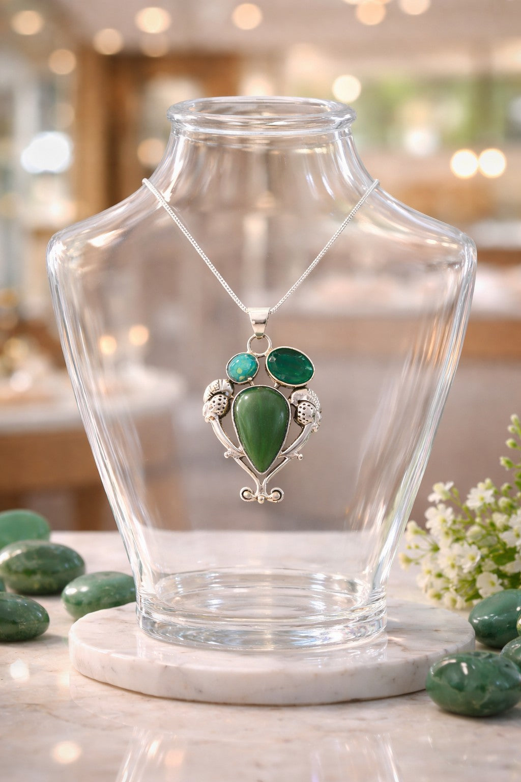 Green Jasper, Jade & Turquoise Pendant – Sterling Silver on 18" Snake Chain