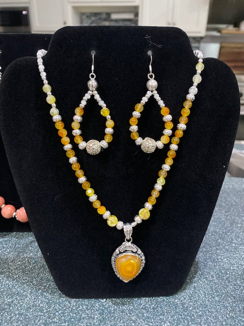Carnelian, Quartz, & Sterling Silver Necklace and Earrings Set