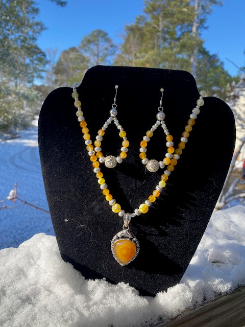 Carnelian, Quartz, & Sterling Silver Necklace and Earrings Set