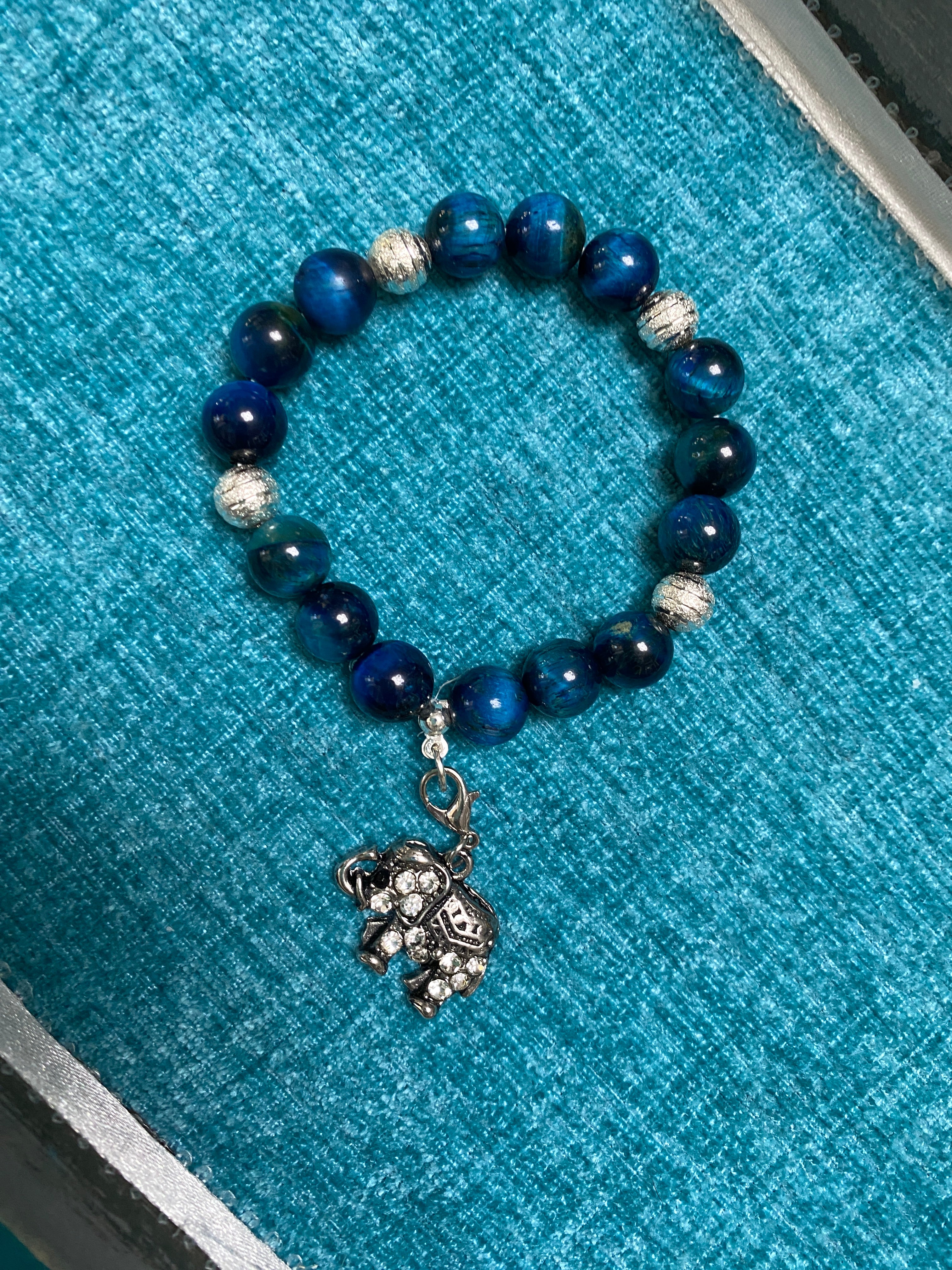 Cat’s Eye and Sterling Silver Bead Bracelet with Rhinestone Elephant Charm