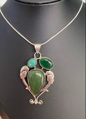 Green Jasper, Jade & Turquoise Pendant – Sterling Silver on 18" Snake Chain
