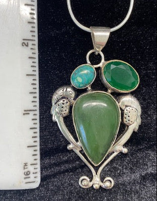 Green Jasper, Jade & Turquoise Pendant – Sterling Silver on 18" Snake Chain