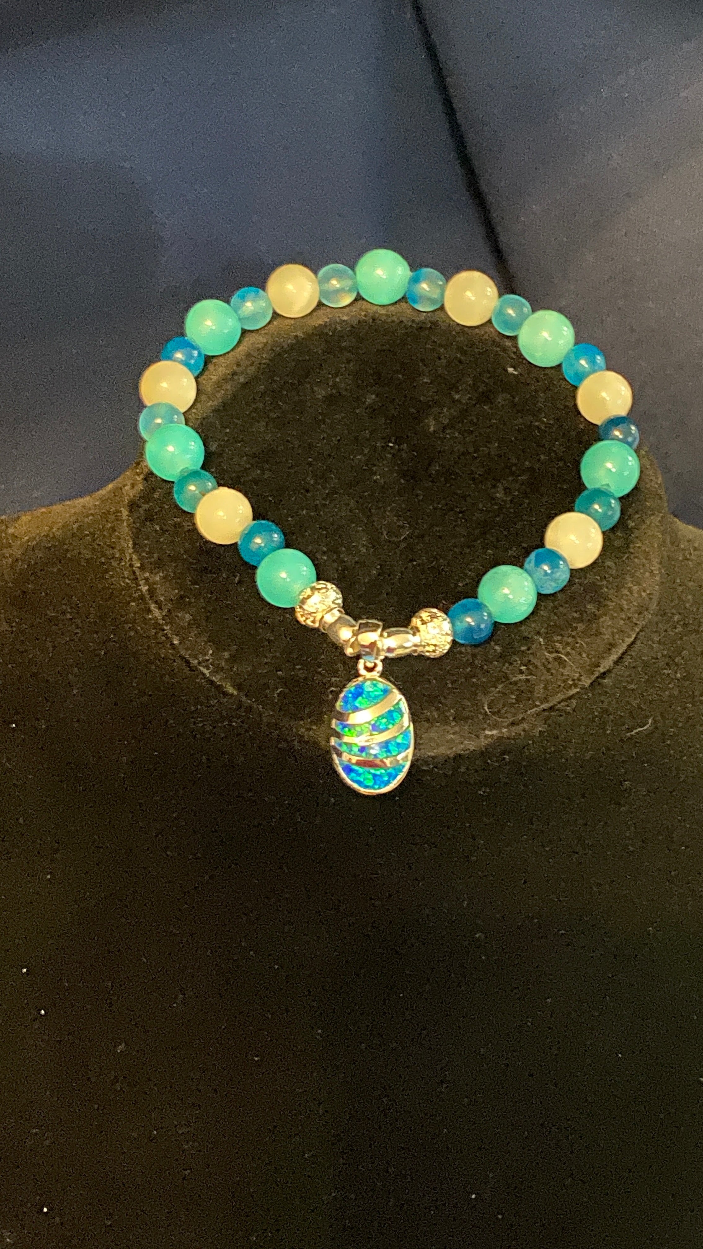 Caribbean Chalcedony, White Quartz & Opal Charm Bracelet