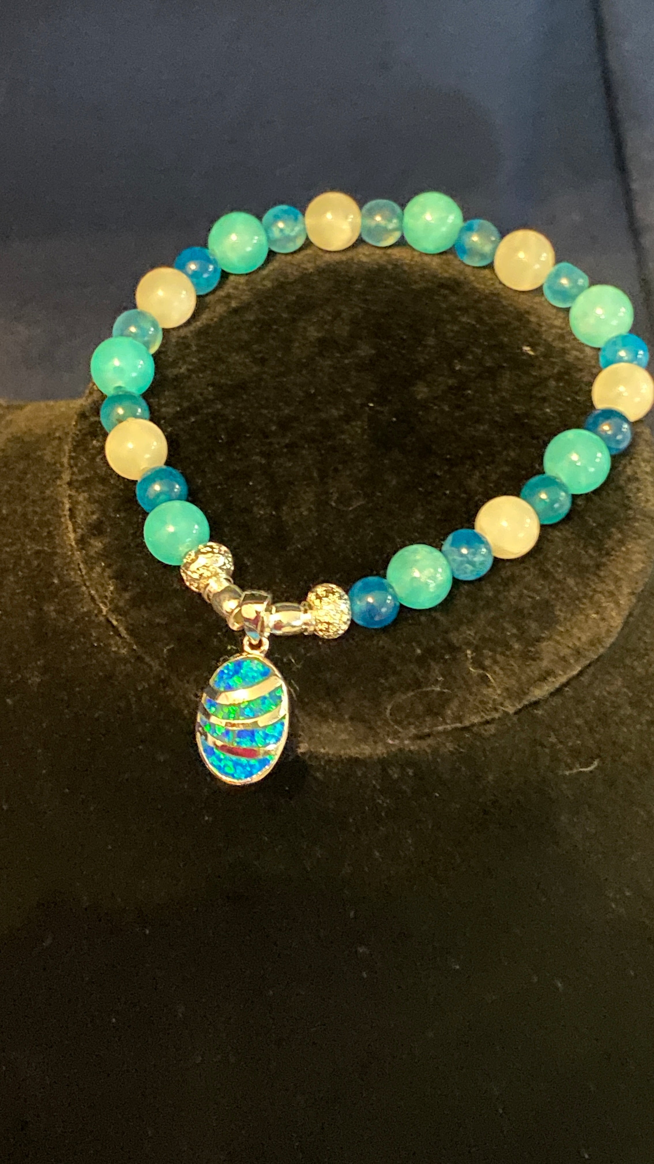 Caribbean Chalcedony, White Quartz & Opal Charm Bracelet