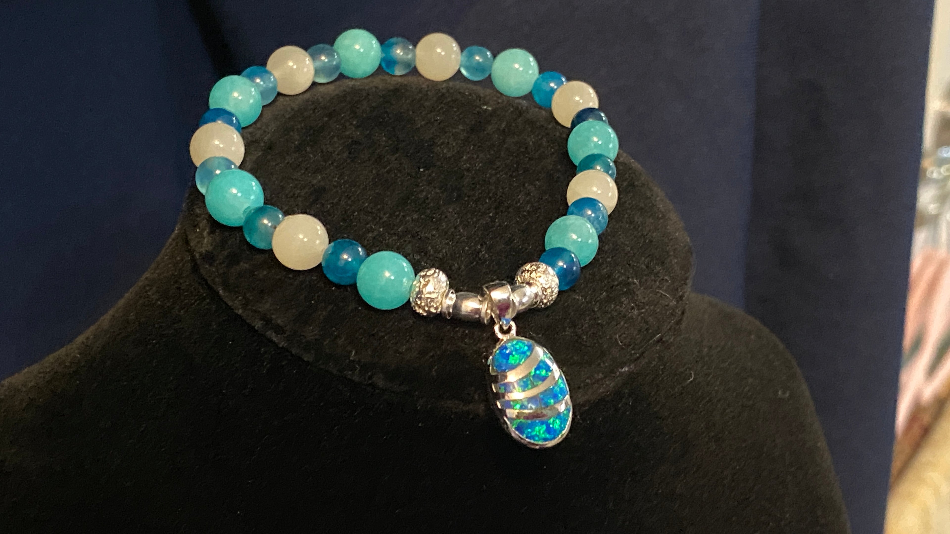 Caribbean Chalcedony, White Quartz & Opal Charm Bracelet